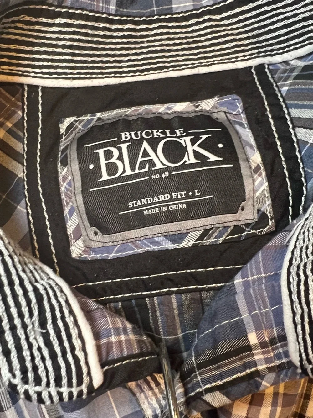 Men’s Buckle Black Blue Plaid Button-Down Shirt Large
